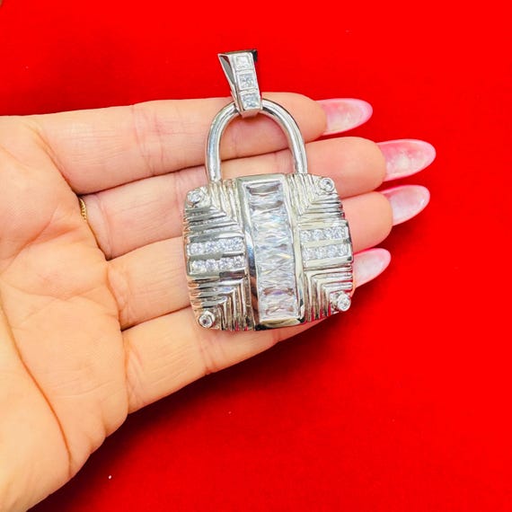 Large 925 Solid Sterling Silver Pad Lock Charm Pe… - image 1