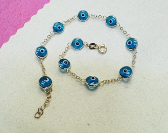 Solid 14K Yellow Gold Teal Blue  Glass Evil Eye Bracelet 7-7.5&quot;