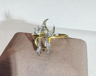 Anillo Art Noveau antiguo con flor de diamantes talla rosa y mina antigua en oro amarillo de 18 quilates, tamaño 5,75
