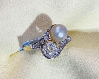 Anillo eduardiano antiguo Toi Et Moi de oro amarillo de 18 quilates con diamantes y perla de talla mina antigua, talla 6,75