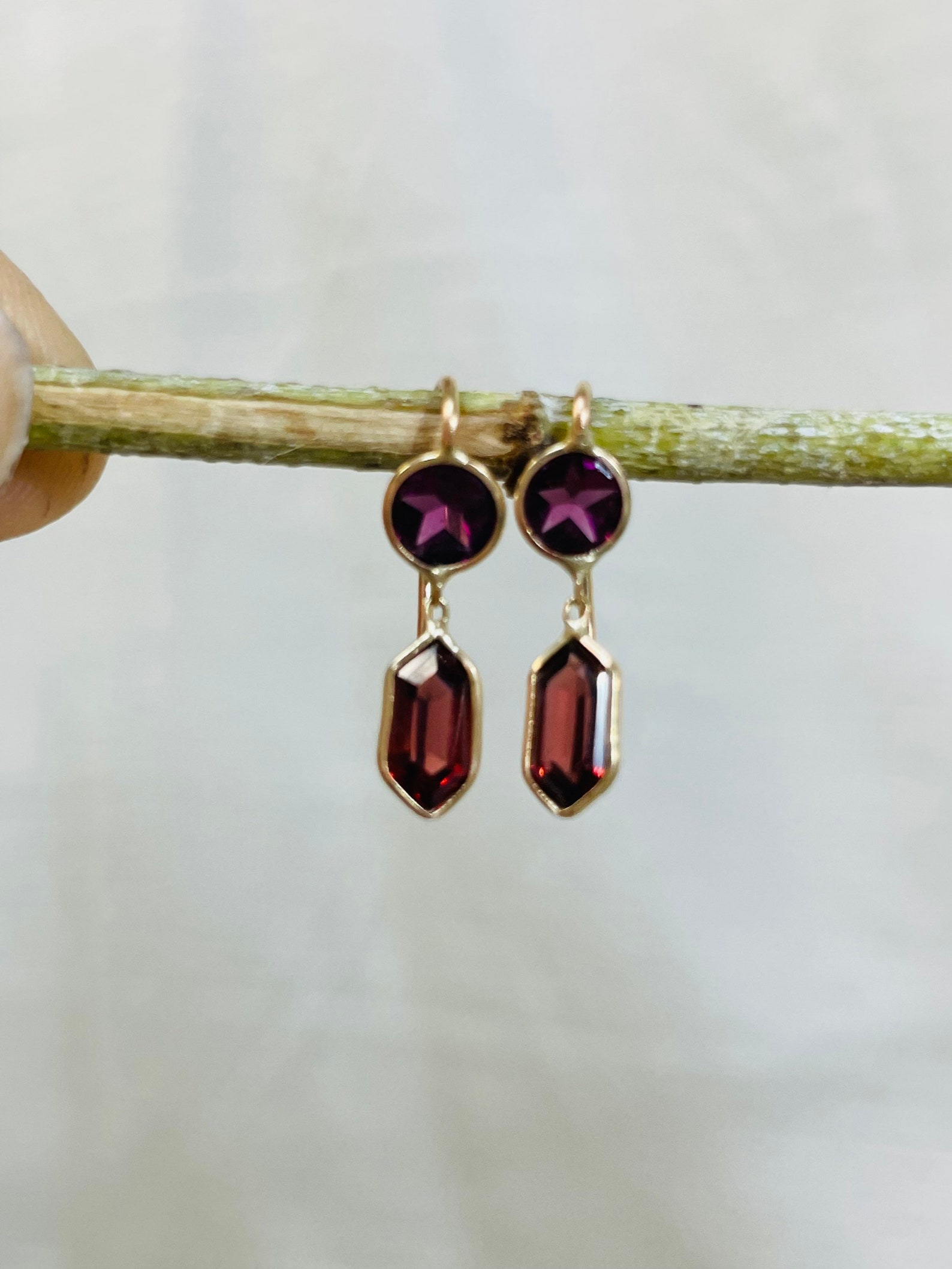 Vivid Rhodolite Purple Star and Red Hexagon Garnet Drop Earrings in ...