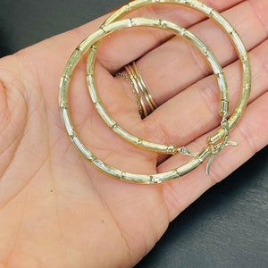 Solid 10K Yellow Gold 1.5” Wide Bamboo Patterned Thick Hoop Earrings