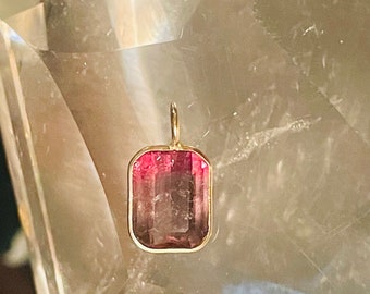 14K Yellow Gold Pink and Purple Bicolor Tourmaline Emerald Cut Charm or Pendant