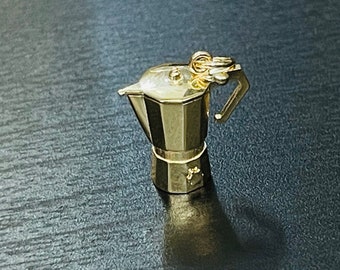 Cutest! Mini Solid 14K Yellow Gold Cafecito Espresso Coffee Maker Charm Pendant Mechanical