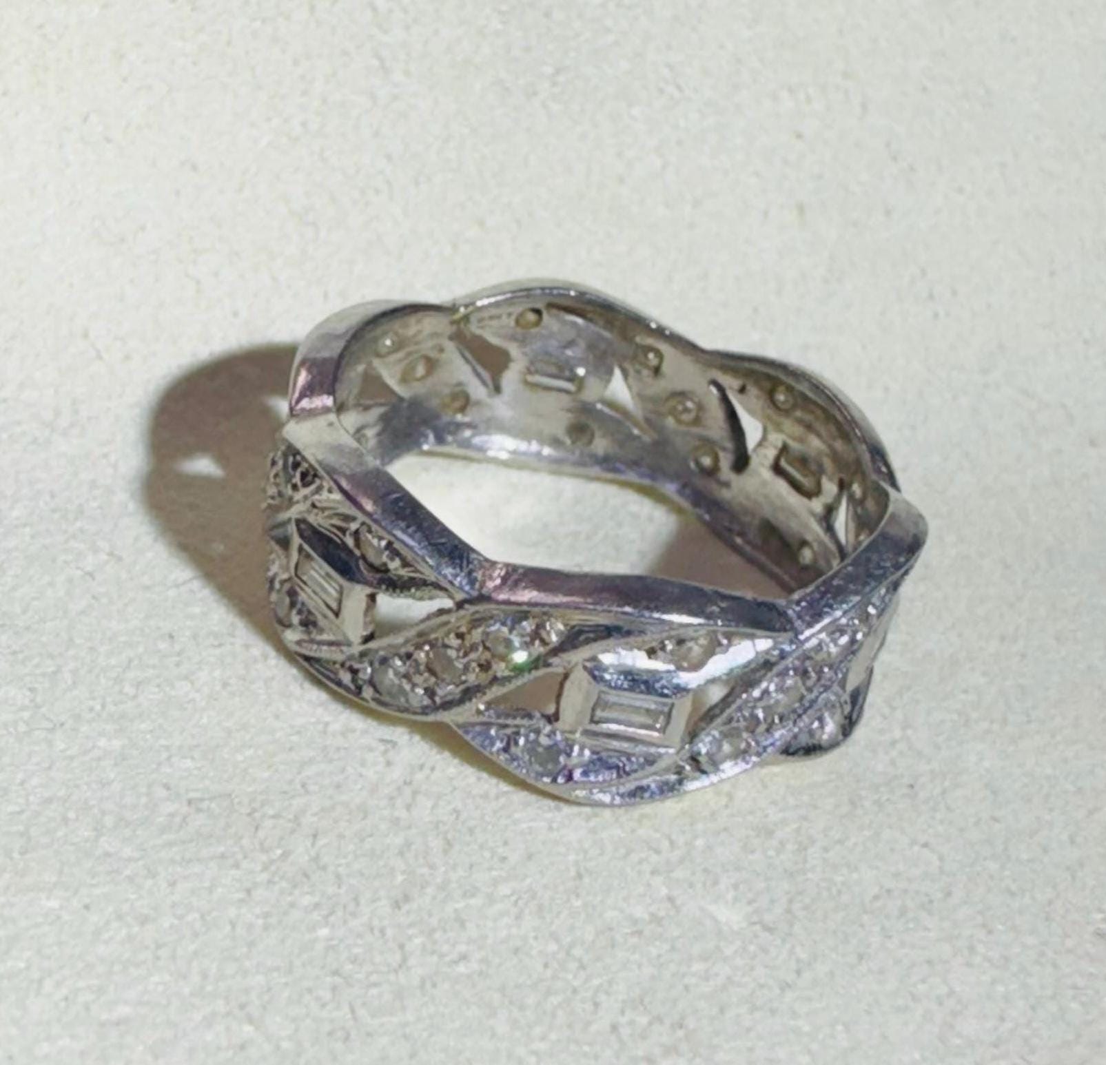 Vintage Baguette and Round Diamond Platinum Eternity Band Ring Size 7