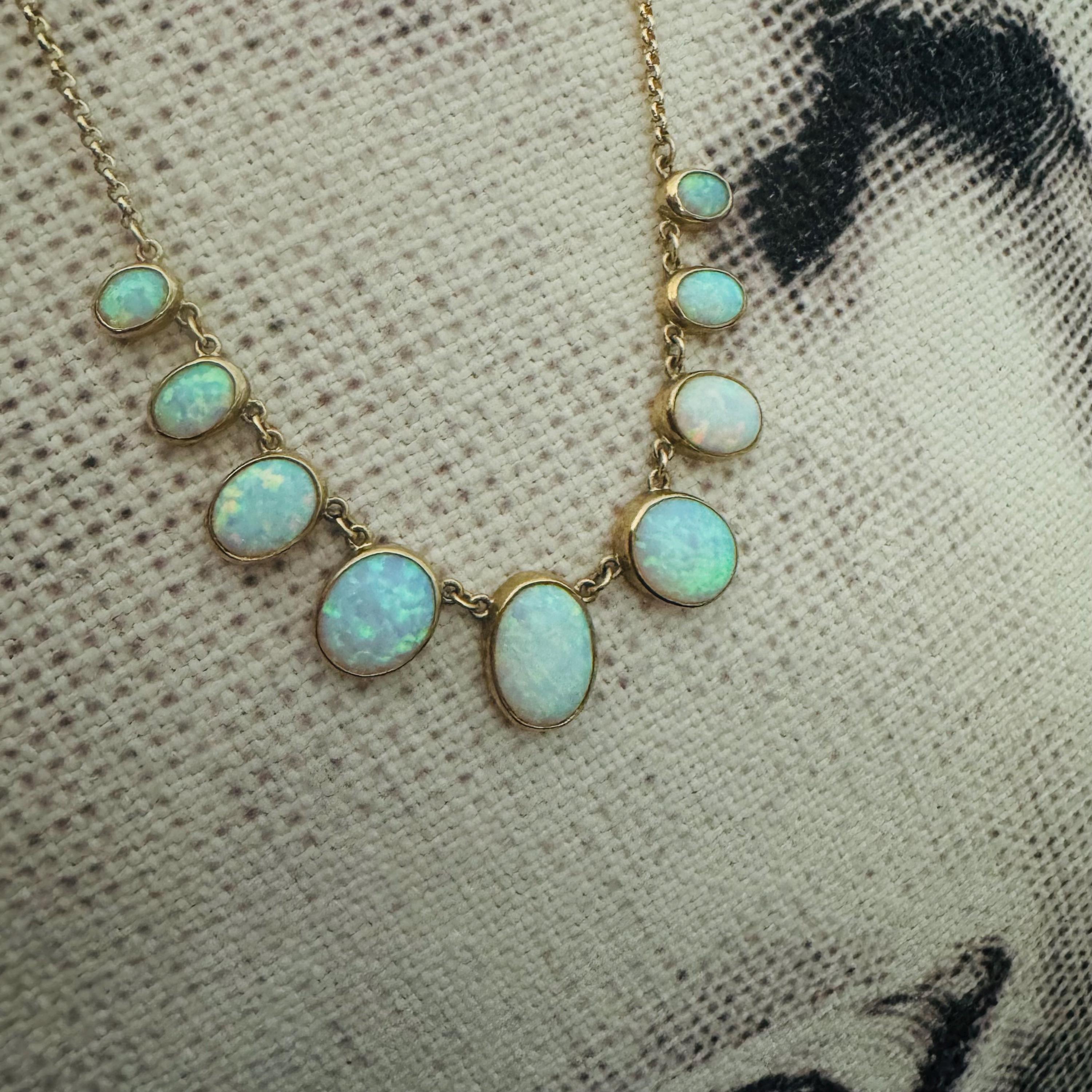 Amazing Victorian 14K Yellow Gold Bezeled Opal Necklace Graduatd