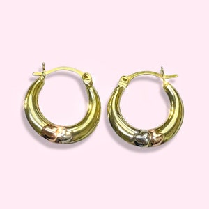 10K Tritone Rose White Yellow Gold 65” Tapered Double Puffy Heart Pattern Hoop Earrings
