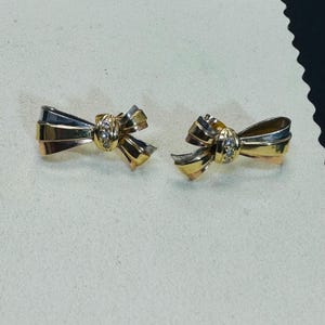 Solid 18K TriTone Yellow White and Rose Gold Diamond Bow Earrings Vintage