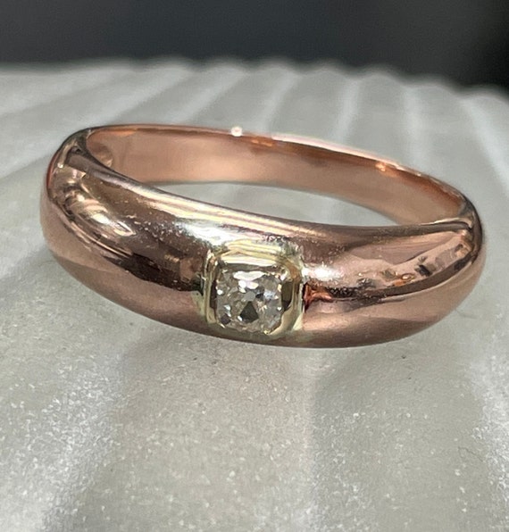 Antique 14K Rose Gold and Old Mine Diamond Domed R