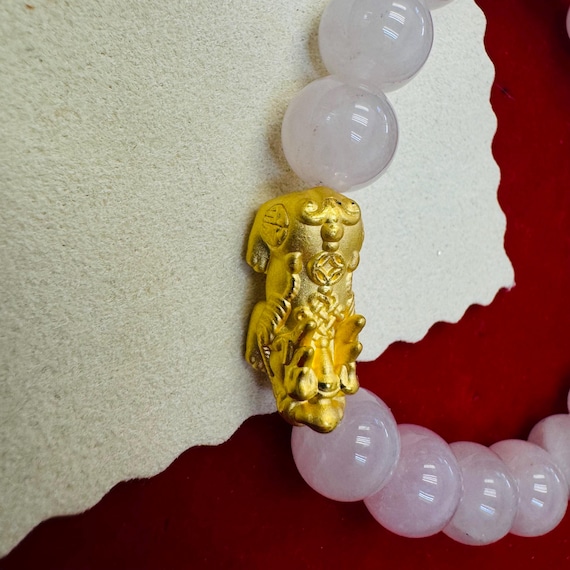Solid 24K Yellow Golf Dragon and Pink Rose Quartz… - image 2
