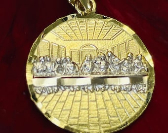 Highly Detailed SOLID 10K Yellow Gold The Last Supper Religious Medallion Biblical Round Pendant Charm Christian Jesus