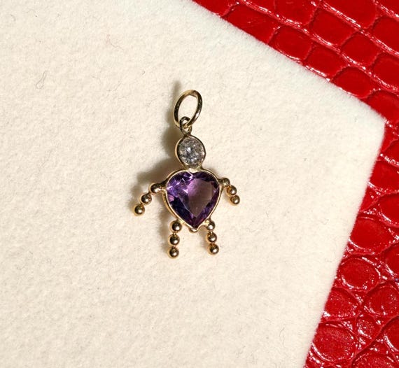 14K Solid Yellow Gold Little Amethyst Diamond Gem Doll Figure Charm Pendant