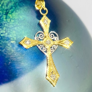 Gorgeous Natural Diamond 14K Yellow and White Gold Filigree Cross Pendant with Heart 1.5"