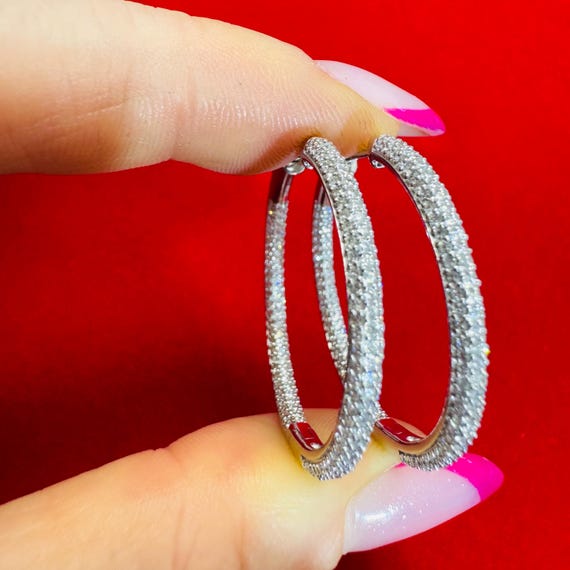 Solid 10K White Gold Micro Pave Lab Diamond Insid… - image 3