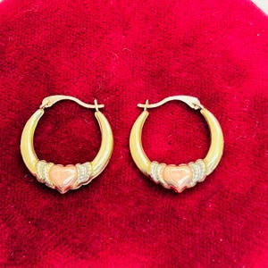 Solid 10K Rose White and Yellow Tritone Heart Gold Hoop Earrings