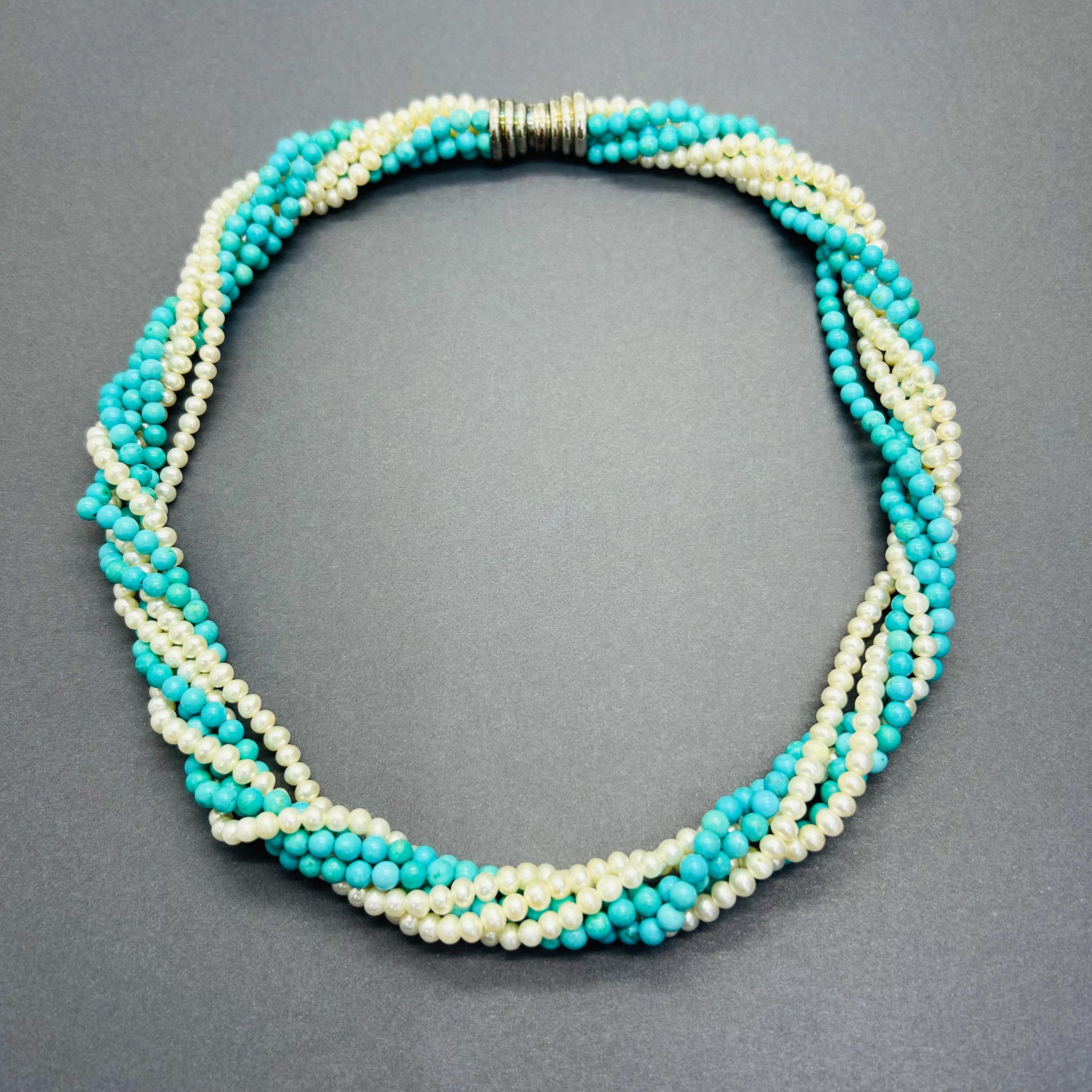 ヴィンテージ ソリッド スターリング シルバー & ターコイズ & パール