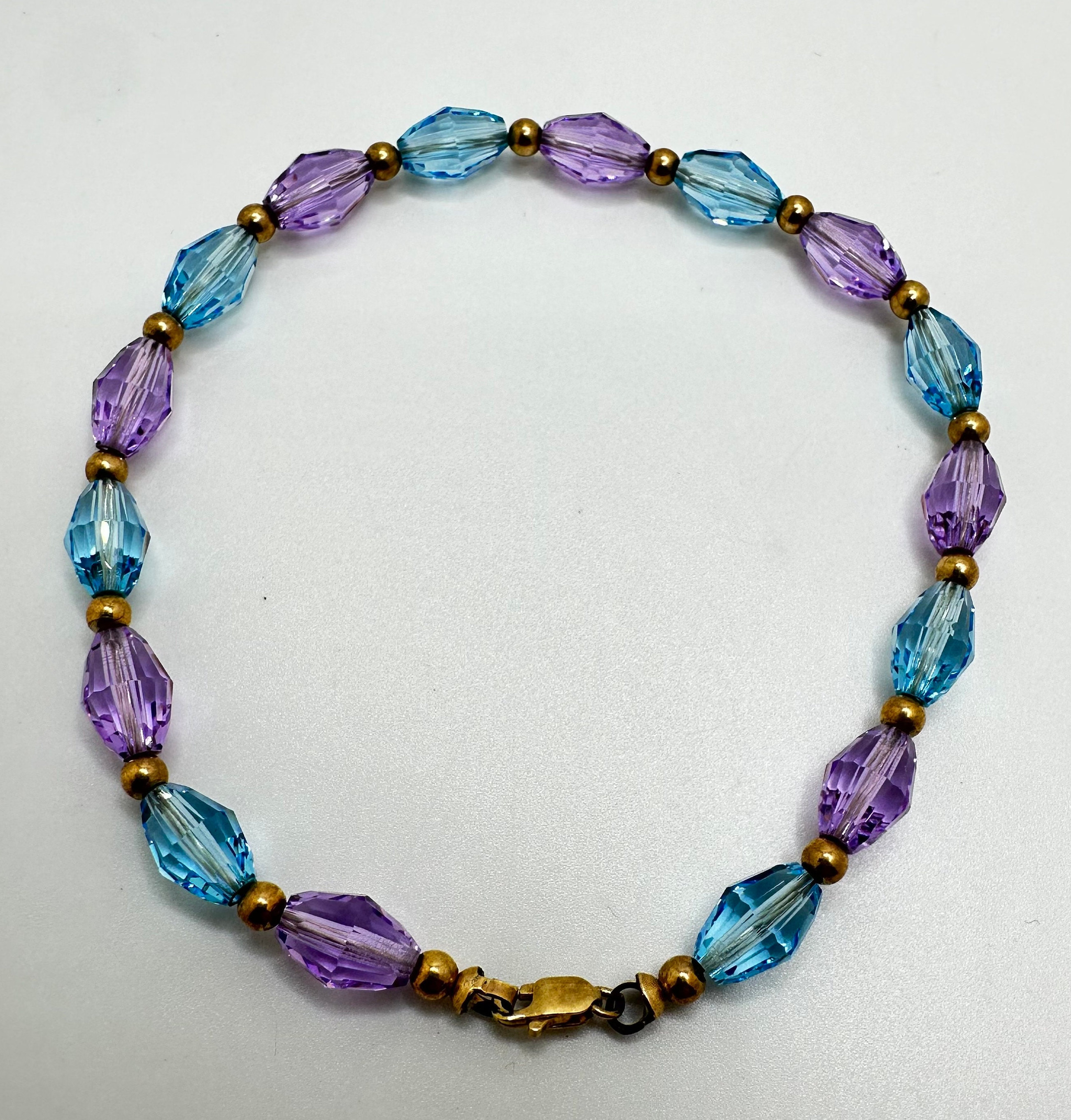Solid 14 Yellow Gold Swarovski Crystal Purple and Blue Bracelet 8"