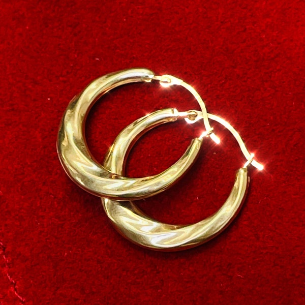 Solid 10K Yellow Gold .80"  22mm Tapered Twisted Shiny  Hoop Earrings