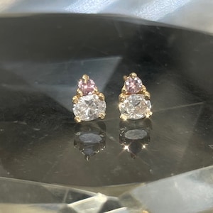 Natural .28CT Diamond Oval and Pink Diamond Solid 14K Yellow Gold Stud Earrings