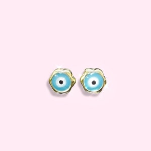 Solid 10K Yellow Gold Teal Evil Eye Stud Earrings