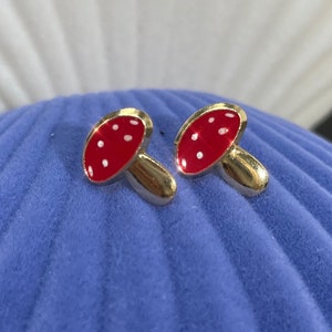 Cute! 10x6mm Solid 14K Yellow Gold Enamel Red Enamel Mushroom Stud Pushback Earrings for Kids or Adults