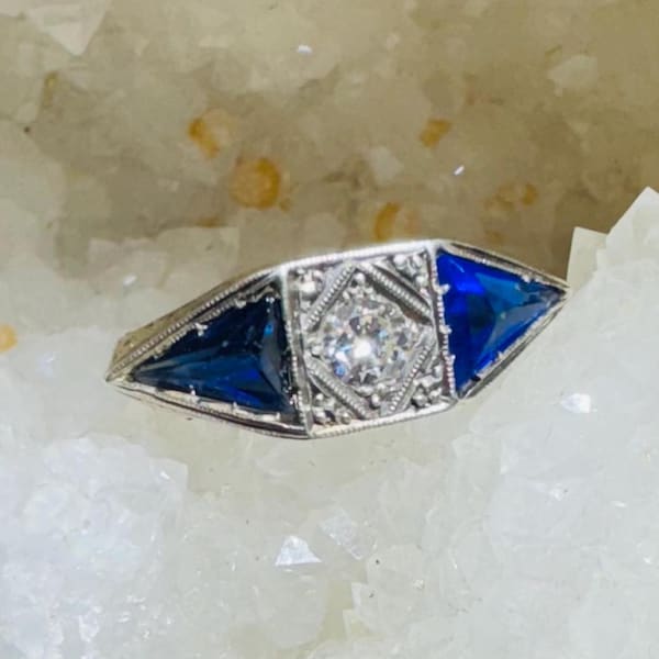 Unique14K Yellow Gold and Platinum  Art Deco Men's Diamond and Synthetic Sapphire Ring Size 11