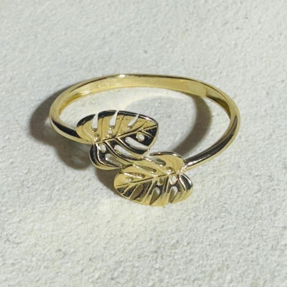 Solid 14K Yellow Gold Monsterra Leaf Wrap Ring Si… - image 1