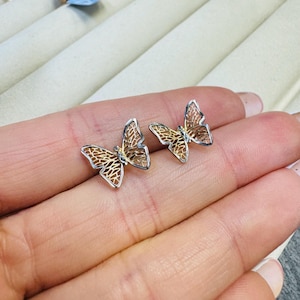 Cute! Solid 14K White and Yellow Gold Two Tone Ornate Butterfly Stud Earrings