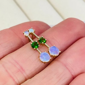 Solid 14K Yellow Gold 3 Stone Tapered Natural Opal and Tsavorite Green Garnet Stud Earrings
