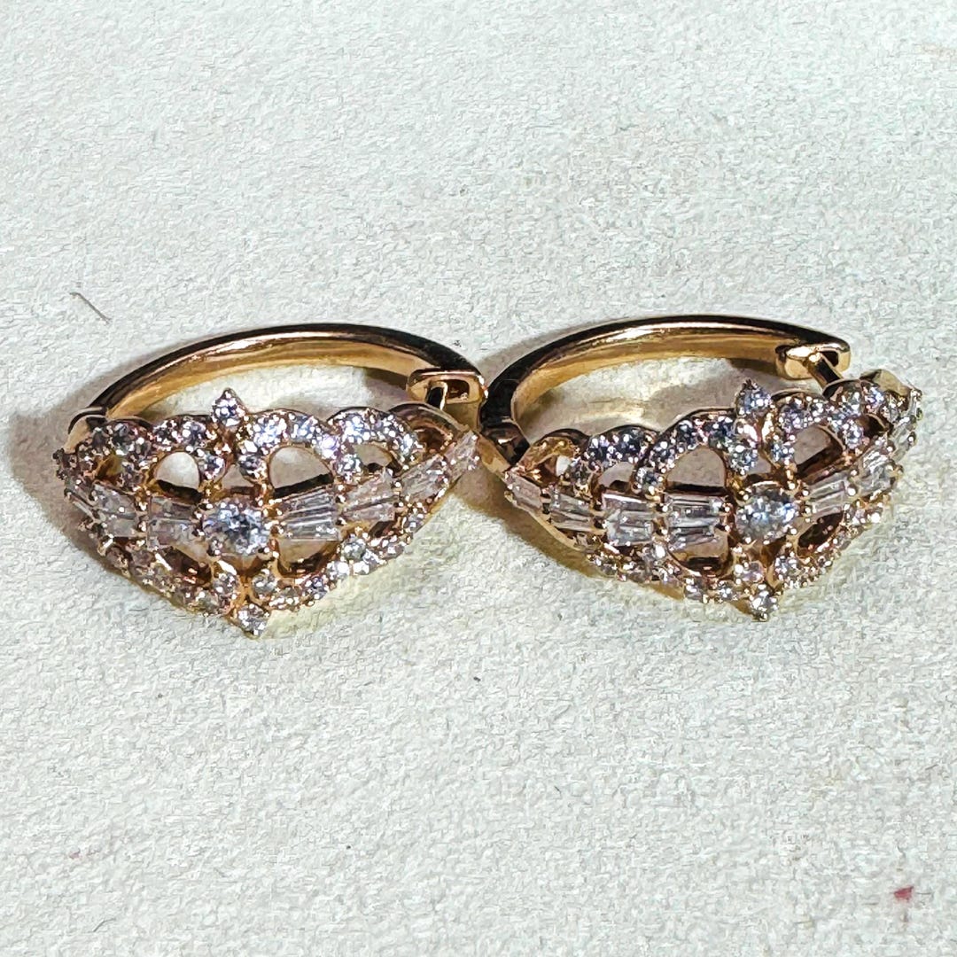 Solid 14K Rose Gold Natural Round and Baguette Diamond Hoop Earrings - Etsy