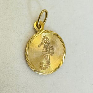 May include: A gold pendant featuring a seahorse design. The round pendant has a textured border and a bail for attaching to a chain. The seahorse is etched in the center of the pendant.