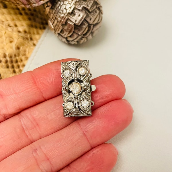 Vintage Rhinestone Paste Sliver Tone Box Clasp Finding for 3 Strands Pearls or Beads