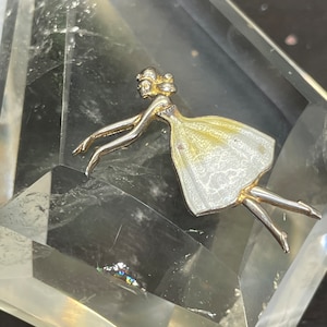 Vintage Sterling Silver Guilloche Enamel Yellow Ballerina Pin