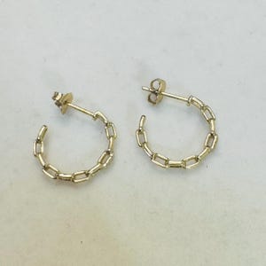 Solid 14K Yellow Gold Diamond Chain Style C Hoop Earrings .75&quot;