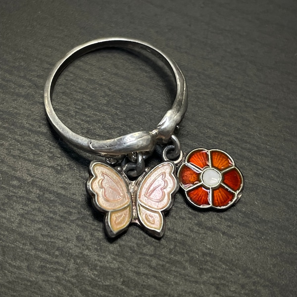 Vintage Sterling Silver Norway Guilloche White Enamel Heart and Pink Butterfly Charms Ring Size 5.75