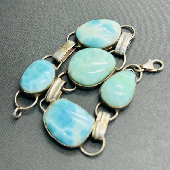 Vintage Solid Sterling Silver Larimar Bracelet 8.… - image 2