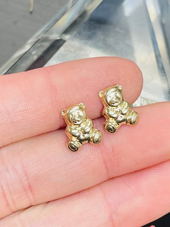 Cute Bear Shaped Solid 14K Yellow Gold Stud Earri… - image 2