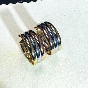 1&quot; 9mm Tri Tone Rose Yellow and White Gold Thick Hoop Earrings