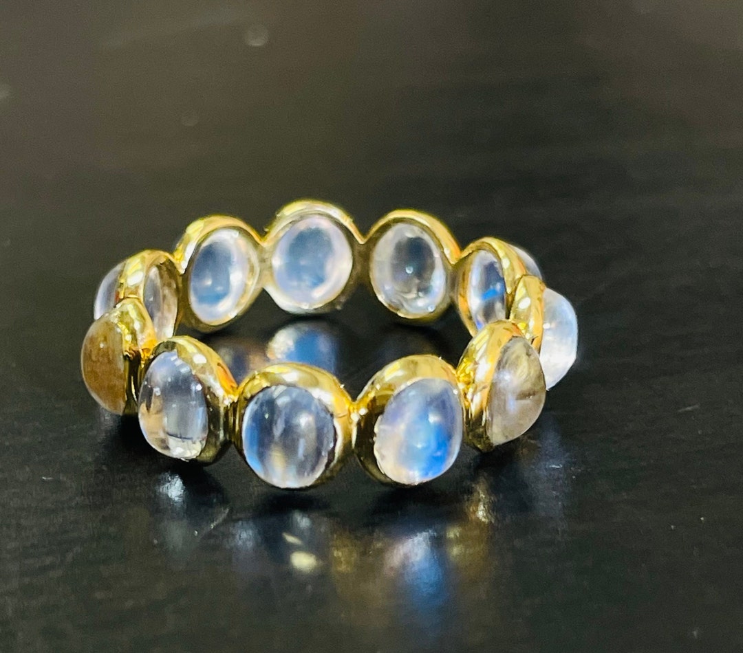 Bezeled Moonstone and Solid 18K Yellow Gold Bezeled Eternity Ring Band Size 5. ...
