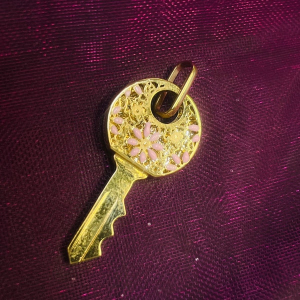 1.25" Solid 14K Yellow Gold Baby Pink Enamel Flower Decorated Car Key Charm or Pendant for Necklace or Bracelet