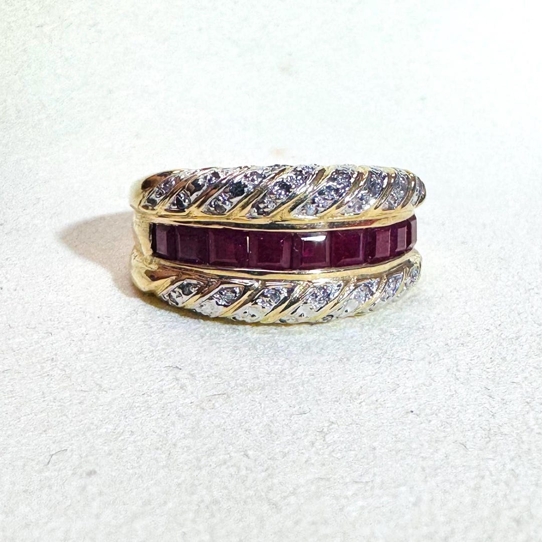 Solid 14K Yellow Gold Natural Ruby and Diamond Wide Ring Band Size 6.75 ...