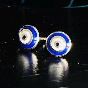 8mm around Solid 10K Yellow Gold Blue And White Enamel Evil Eye Stud Earrings