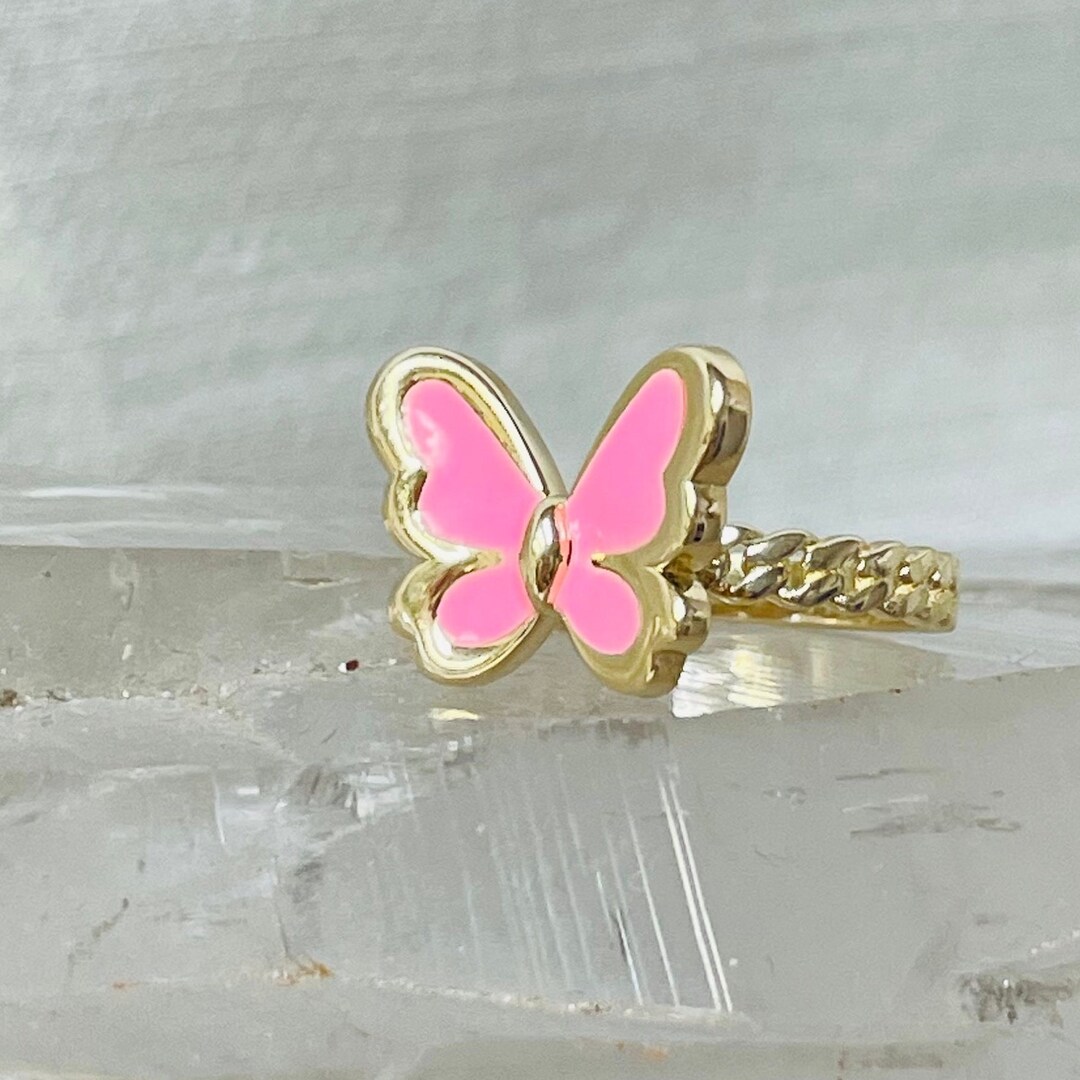Pink Flying Rings Cute! Solid 14K Yellow Gold Hot Pink Enamel Butterfly Ring Size 6.75 - Etsy