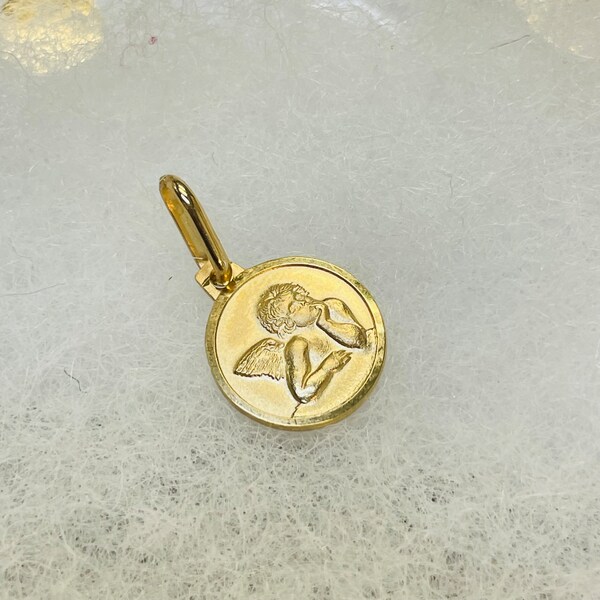 Cute Solid 10K Yellow Gold Cherub Thinking Angel Round Shaped Medallion Charm Pendant 9x17mm