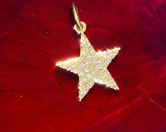 Cute! Natural Diamond Pave Solid 14K Yellow Gold Star Charm Pendant 16x12mm