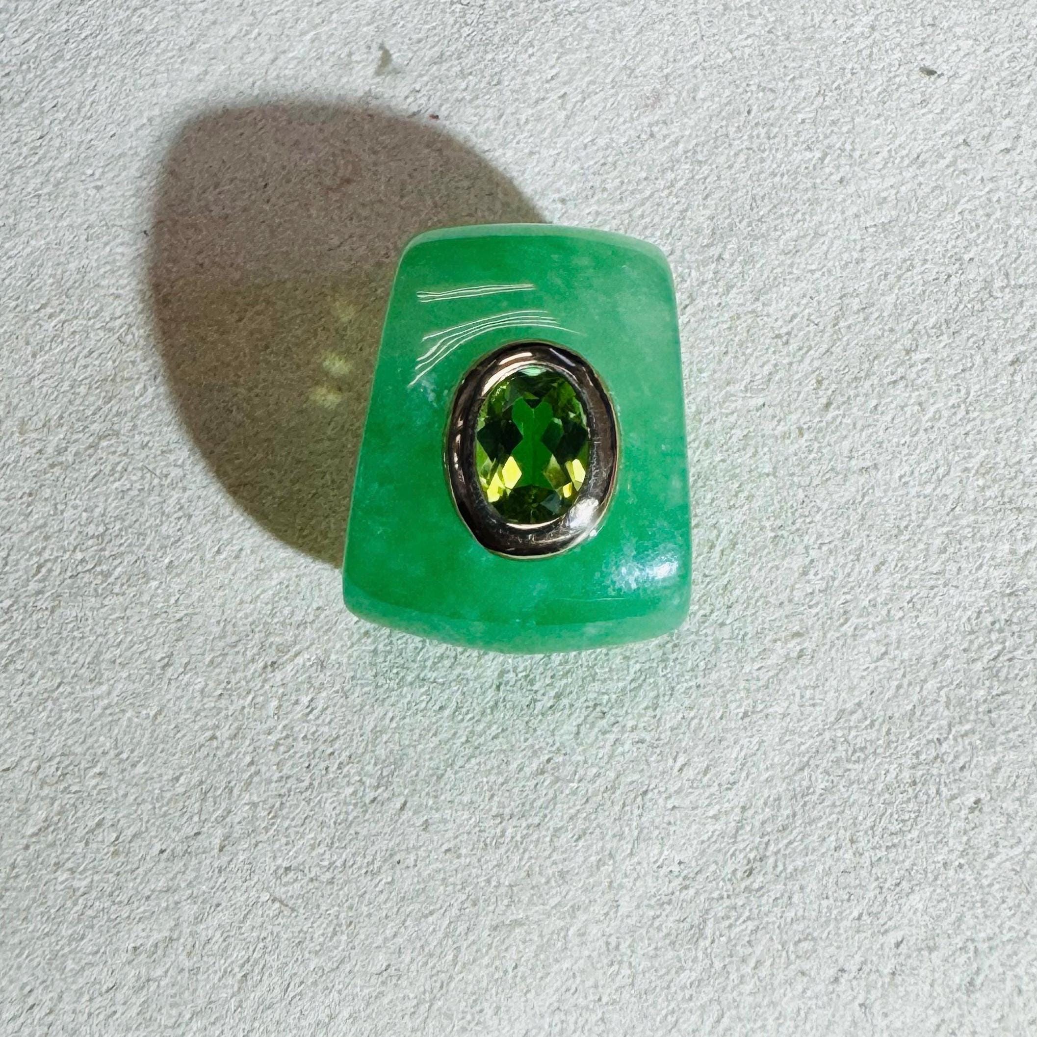 14K Yellow Gold Bezeled Peridot and Jade Pendant Slide Charm