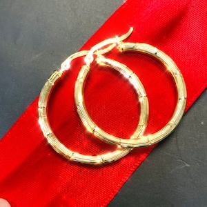 Solid 10K Yellow Gold 1.25&quot; 32mm Wide Bamboo Patterned Thick Hoop Earrings