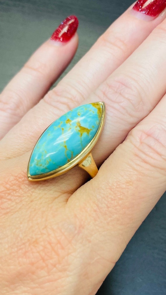 Solid 14K Yellow Gold Turquoise Navette Ring Size 