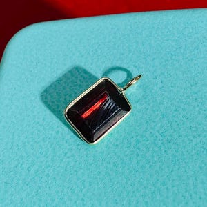 Solid 14K Yellow Gold Natural Red Garnet Emerald Cut Pendant Charm