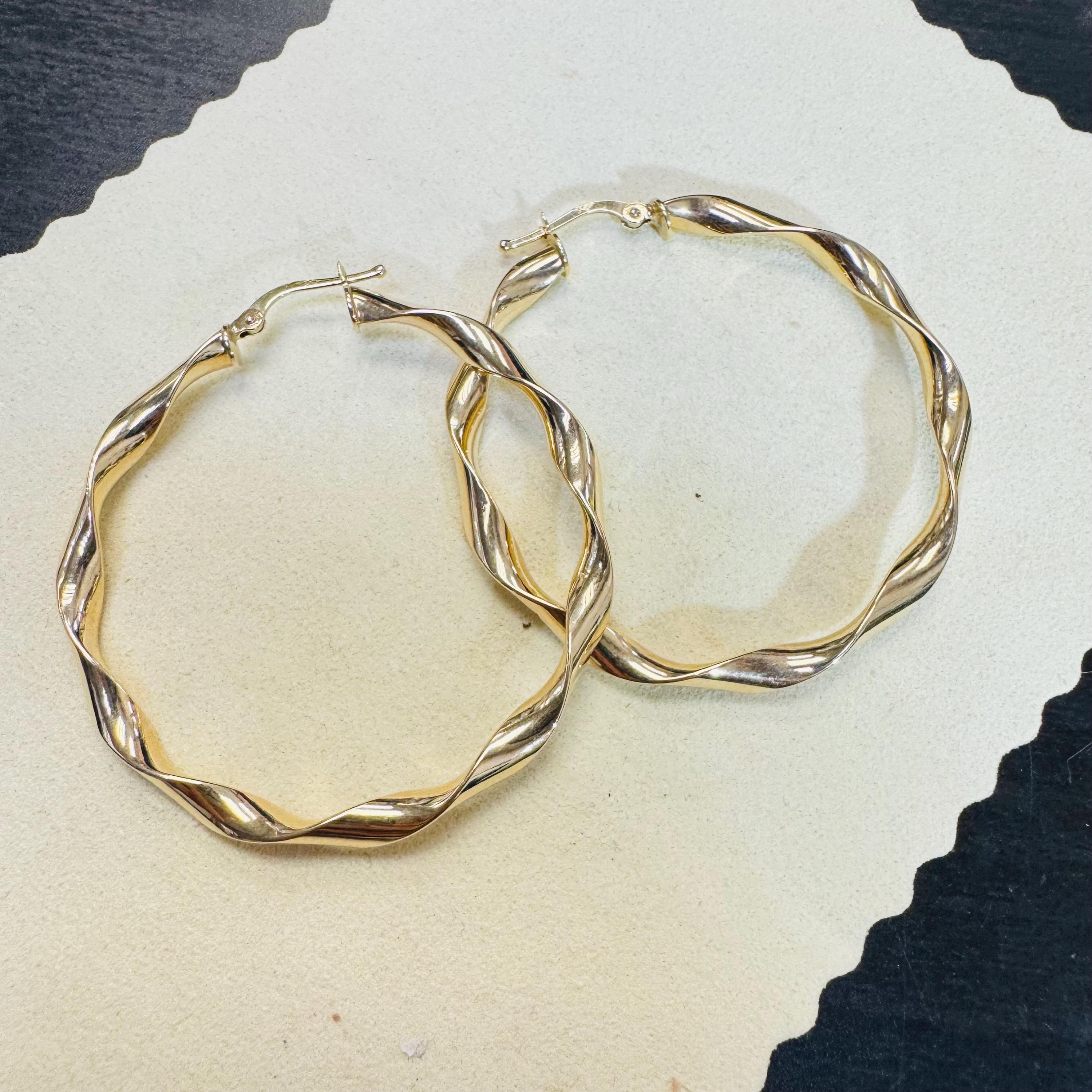 Solid 14K Yellow Gold 1.75" Twisted Hoop Earrings